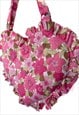 PINK FLORAL RUFFLE HEART TOTE BAG