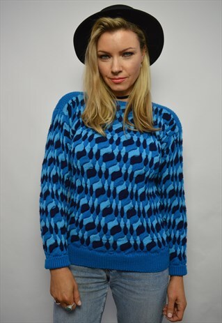 VINTAGE 80S BLUE & NAVY ABSTRACT PATTERN WOOL JUMPER RETRO