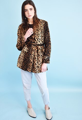 80'S RETRO FAUX FUR ANIMAL PATTERN TRENCH JACKET