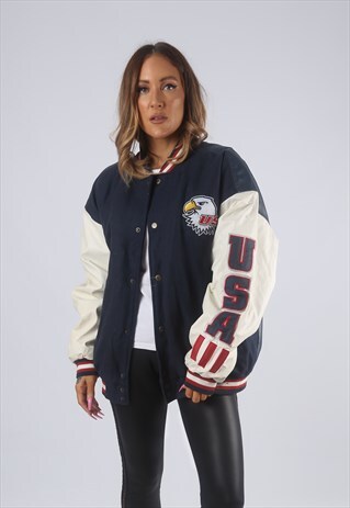 VINTAGE PVC WOOL BOMBER JACKET USA FOOTBALL EAGLE 18 (G2G)