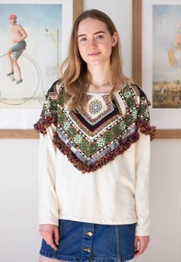 Cream long sleeve jumper with tassels and colorful details