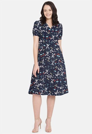 IS.U NAVY ROUND NECK MIDI DRESS