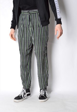 VINTAGE 90S UNISEX BLACK GREEN STRIPED LIGHTWEIGHT PANTS