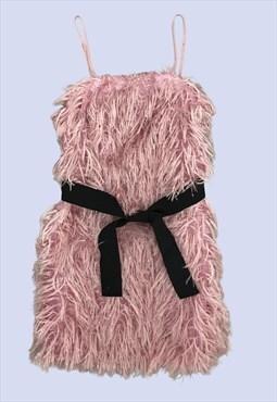 Baby Pink Faux Feather Black Ribbon Strappy Mini Party Dress