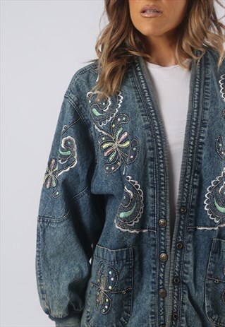 VINTAGE DENIM BOMBER JACKET EMBROIDERED UK 10 SMALL (GB3V)