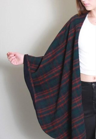 VINTAGE 1980'S SOFT GREEN AND RED TARTAN CAPE