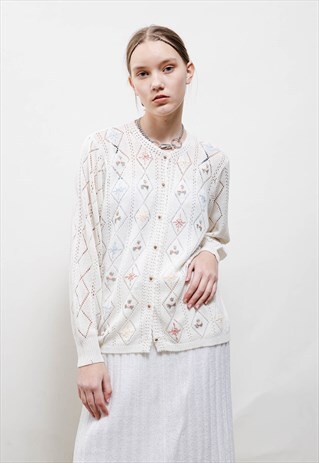 VINTAGE 60S COTTAGE WHITE FLORAL EMBROIDERY KNITTED CARDIGAN