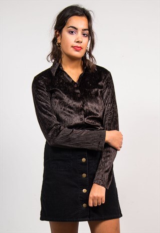 VINTAGE 90'S BROWN VELVET OPEN COLLAR BLOUSE SHIRT