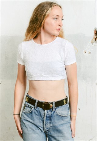 VINTAGE 80S WHITE FESTIVAL CROP TOP WITH STARS AND SWIRLS