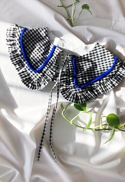 Blue&Check Cotton Oversized Collar, Detachable Collar