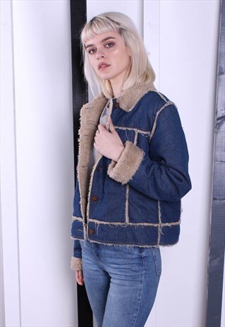 VINTAGE 80S DARK BLUE SHERPA FLEECE LINED DENIM JACKET.