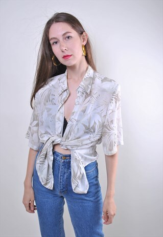 80S VINTAGE OVERSIZE FLORAL PRINT GREY WOMEN BLOUSE, SIZE L