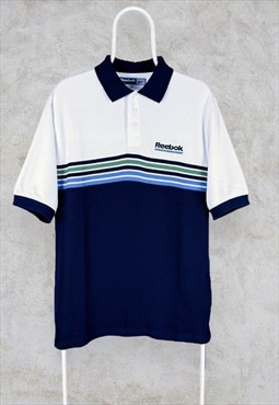 Vintage Reebok Polo Shirt Striped White Blue 90s Mens Medium