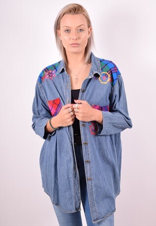 WOMENS VINTAGE DENIM SHIRT 3/4 SLEEVE MEDIUM BLUE 90S
