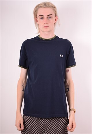 FRED PERRY MENS VINTAGE T-SHIRT TOP LARGE NAVY BLUE 90S