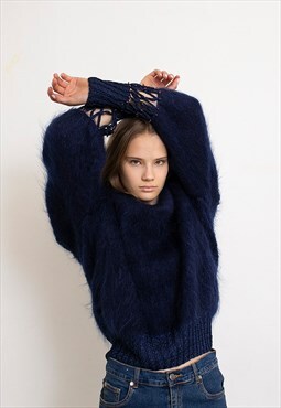 Vintage 90s Wool Sweater Fuzzy Blue Jumper Crochet