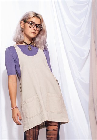 VINTAGE PINAFORE DRESS 90S GRUNGE DUNGAREE DRESS IN BEIGE