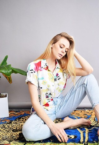 90'S RETRO ABSTRACT FLORAL PATTERN OVERSIZED SHIRT