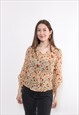 90S FLOWERS PRINT RUFFLE SHEER BLOUSE, VINTAGE V-NECK RUCHED