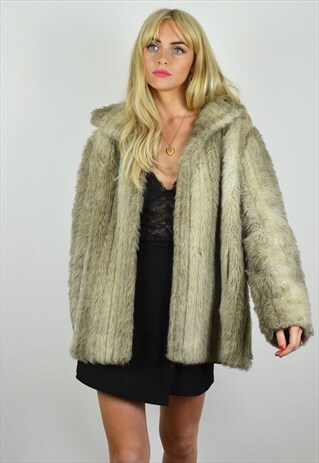 VINTAGE 70S GREY & BROWN ARCTIC FAUX FUR JACKET / COAT