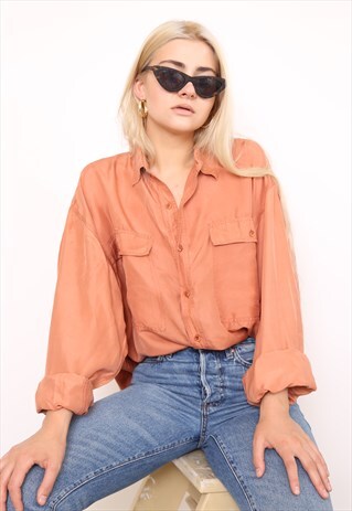 VINTAGE 90S ORANGE SILK OVERSIZED BLOUSE SHIRT