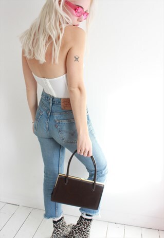 VINTAGE 60S BROWN LEATHER BOX HANDBAG