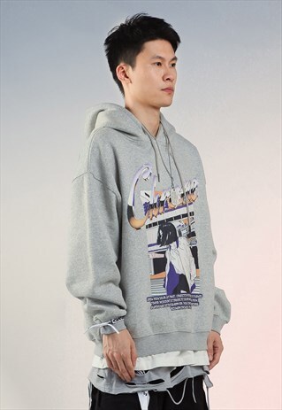 Anime print hoodie retro Japanese cartoon pullover in grey
