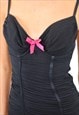 VINTAGE Y2K RUCHED MINI DRESS IN BLACK MESH, BOW DETAIL