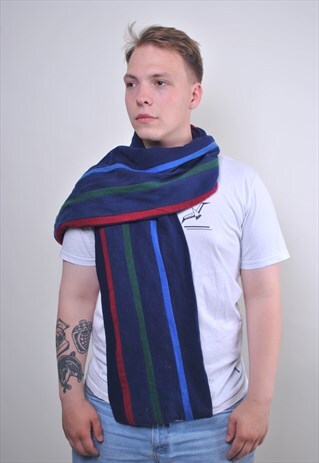 VINTAGE OVERSIZE BLUE WOOL SCARVE WITH STRIPED PRINT