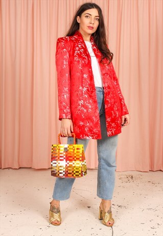 VINTAGE 80S SATIN JACKET IN RED JACQUARD