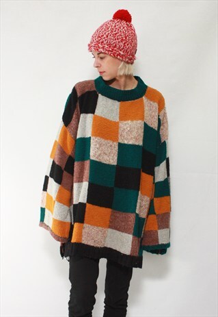 VINTAGE 90' UNIQUE ONE SIZE CHECKED COLORFUL JUMPER