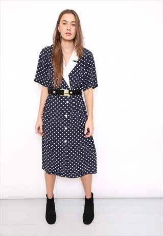 VINTAGE 90S NAVY POLKADOT SHIRT MIDI DRESS