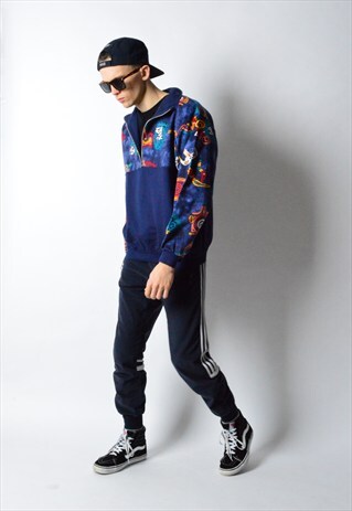VINTAGE 90S NAVY BLUE COLOURFUL 1/2 ZIPPER SWEATSHIRT
