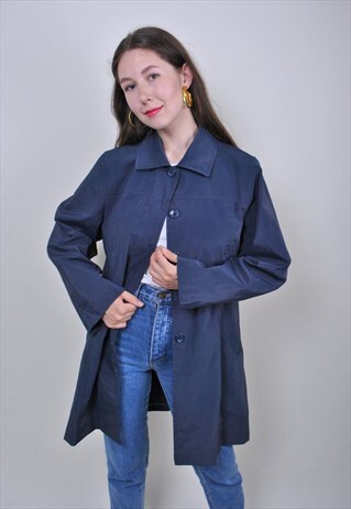 90S BLUE MINIMALIST COLLARED RAINJACKET TRENCH , SIZE L