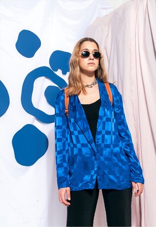 VINTAGE BLAZER 80S CHECKED METALLIC JACKET IN BLUE