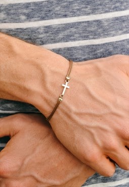 Cross bracelet for men, silver tone cross charm, brown cord