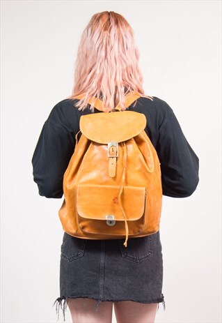 VINTAGE 90'S BIG TAN LEATHER BACKPACK RUCKSACK
