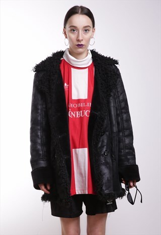90S VINTAGE SUEDE GLOSSY SHEARLING IN BLACK.