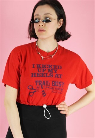 VINTAGE 90S REWORKED CROP TOP IN RED WITH STEAK HOUSE PRINT