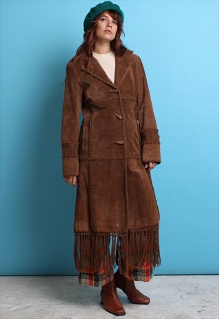 VINTAGE BROWN SUEDE CROCHET FRINGED COAT