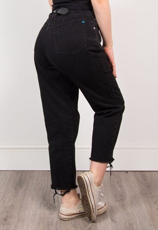 VINTAGE 90'S BLACK DENIM HIGH WAIST FRAYED RAW HEM JEANS