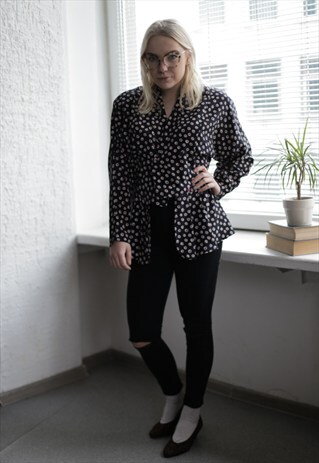 VINTAGE 70'S DARK BLUE FLOWER PRINT LONG SLEEVE BLOUSE