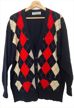 Vintage Burberry cardigan in navy blue with red rhombuses 