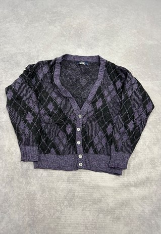 VINTAGE KNITTED CARDIGAN ABSTRACT PATTERNED GRANDAD SWEATER