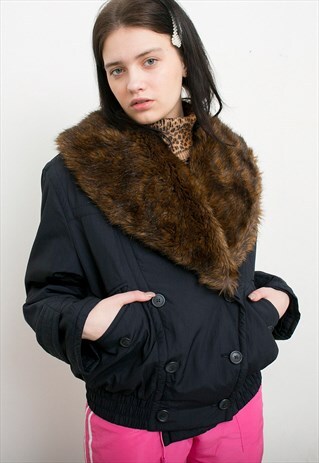 VINTAGE JACKET FAUX FUR COLLARED BLACK BROWN BUTTON UP 90S