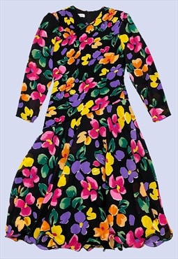 80s Vintage Black Multi Floral Midi Occasional Dress