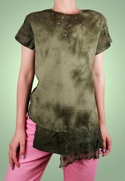 Y2K Tie-dye Cotton Top Rhinestones Asymmetric Lace T-shirt