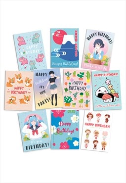 Happy Birthday Japanese Kawaii Cute Greeting Cards Set of 10