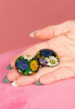 60s 70s Vintage Round Daisy Flower Clip On Earrings