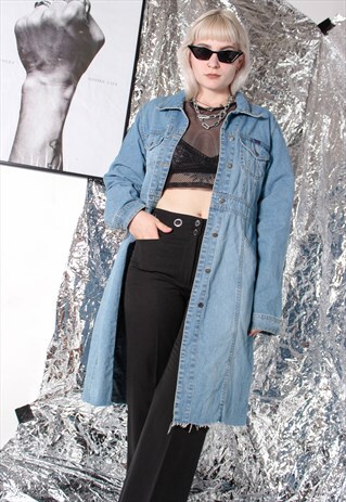 90S GRUNGE Y2K VINTAGE LONG DENIM JACKET CROP TRENCH COAT